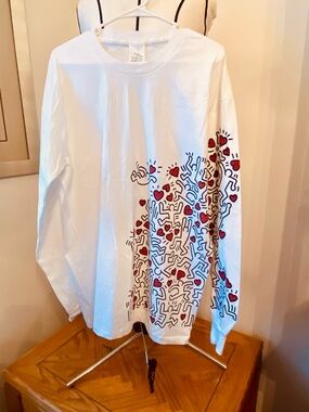 Vintage Keith Haring White Long Sleeve Graphic Tee with Red Heart Accent